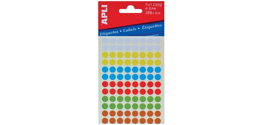 Apli round labels in pouch, diameter 8 mm, assorted colors, 288 pieces, 96 per sheet (2092)