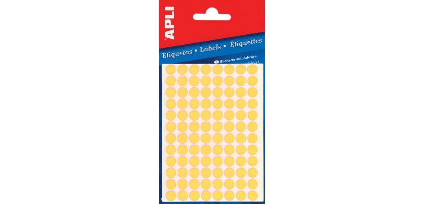 Apli round labels in a pack, 8 mm diameter, fluorescent yellow, 288 pieces, 96 per sheet (2079)