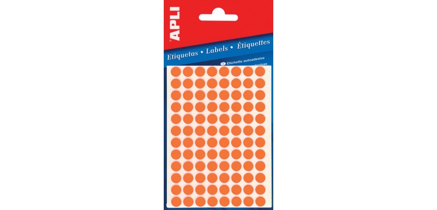 Apli ronde etiketten in etui diameter 8 mm, fluo oranje, 288 stuks, 96 per blad (2080)