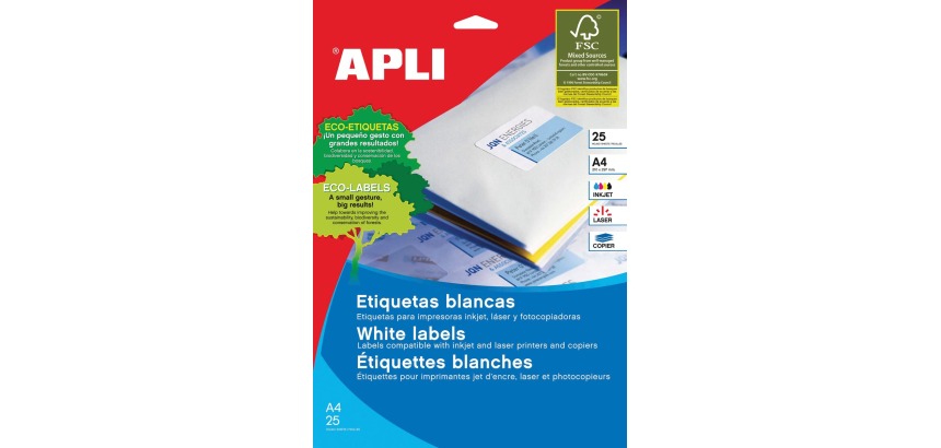 Apli white labels ft 210 x 297 mm (w x h), straight corners, 25 pieces, 1 per sheet (1215)