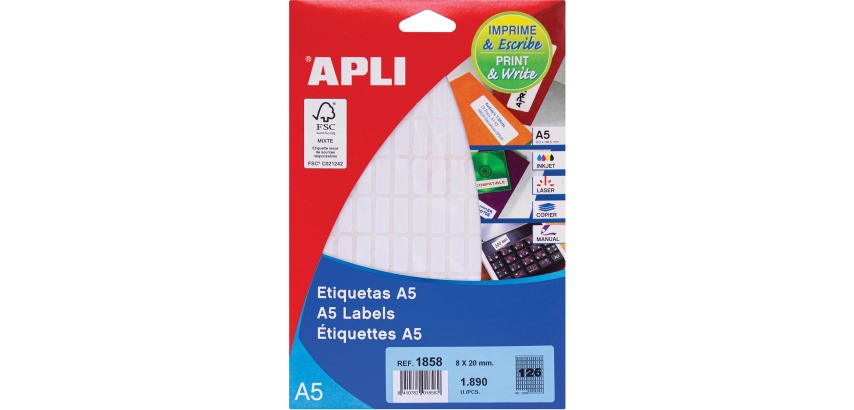 Apli white labels Print & Write ft 8 x 20 mm (w x h), 1,890 pieces, 126 per sheet (1858)