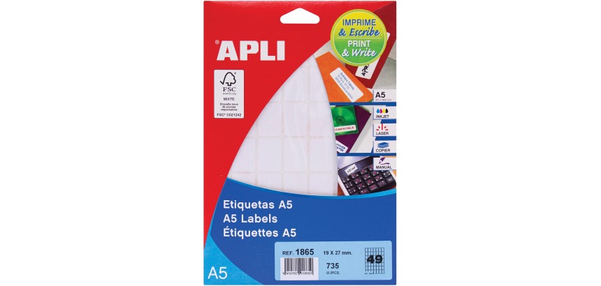 Apli white labels Print & Write ft 19 x 27 mm (w x h), 735 pieces, 49 per sheet (1865)