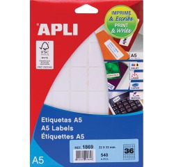 Apli weiße Druck- & Schreibetiketten Größe 22 x 32 mm (B x H), 540 Stück, 36 pro Blatt (1869)