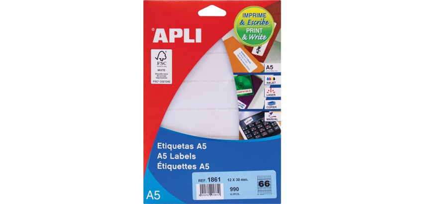 Apli white labels Print & Write size 12 x 30 mm (w x h), 990 pieces, 66 per sheet (1861)