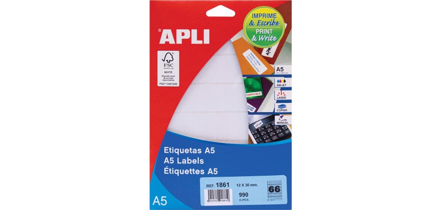 Apli witte etiketten Print & Write ft 12 x 30 mm (b x h), 990 stuks, 66 per blad (1861)