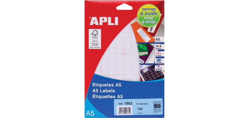Apli witte etiketten Print & Write ft 13 x 40 mm (b x h), 750 stuks, 50 per blad (1862)