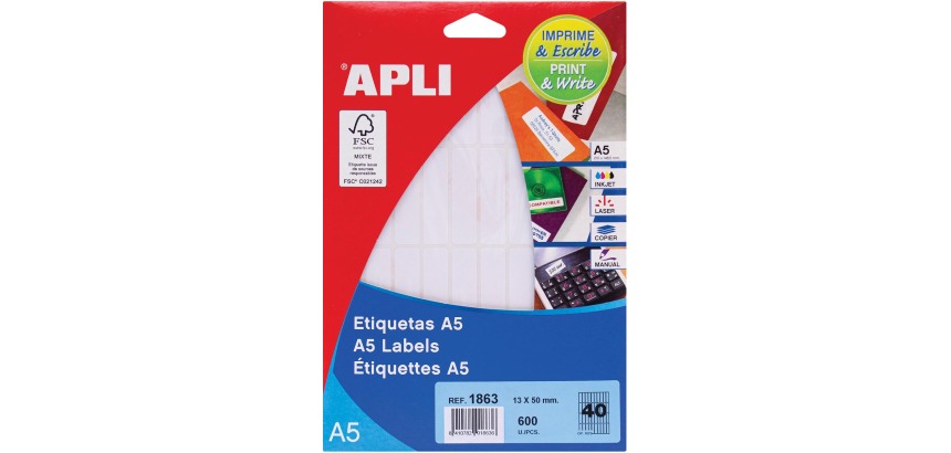 Apli weiße Etiketten Print & Write ft 13 x 50 mm (B x H), 600 Stück, 40 pro Blatt (1863)