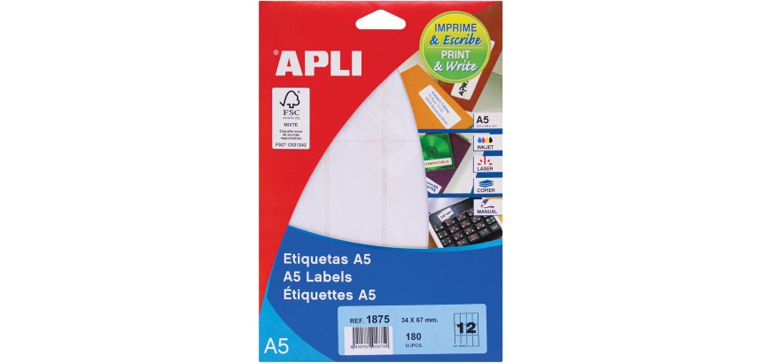Apli witte etiketten Print & Write ft 34 x 67 mm (b x h), 180 stuks, 12 per blad (1875)