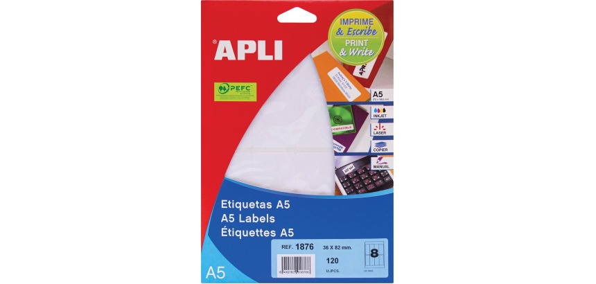 Apli white labels Print & Write size 36 x 82 mm (w x h), 120 pieces, 8 per sheet (1876)