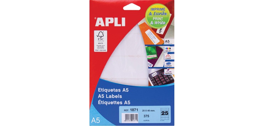 Apli white Print & Write labels ft 25 x 40 mm (w x h), 375 pieces, 25 per sheet (1871)