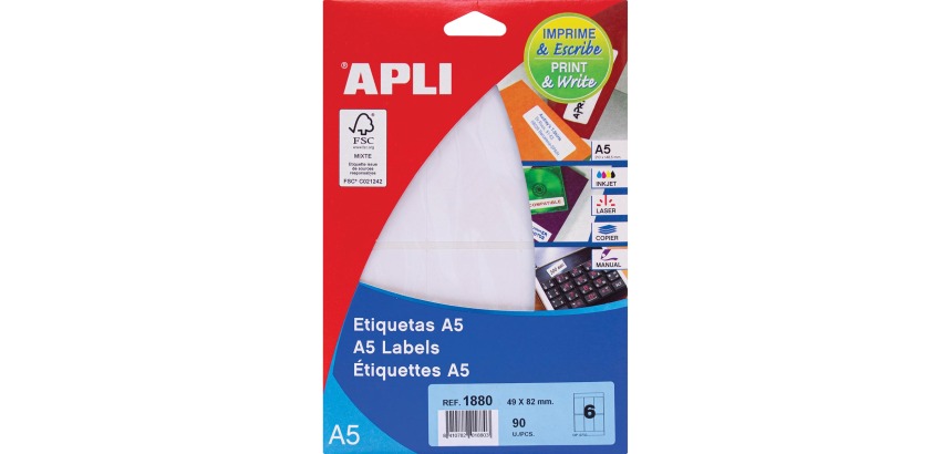 Apli white labels Print & Write ft 49 x 82 mm (w x h), 90 pieces, 6 per sheet (1880)