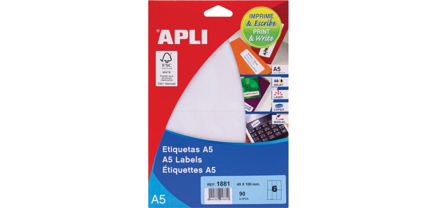 Apli white labels Print & Write size 49 x 100 mm (w x h), 90 pieces, 6 per sheet (1881)