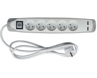 Perel douille avec 5 prises, 2 ports USB et interrupteur, 1,5 m, blanc/gris, pour NL
