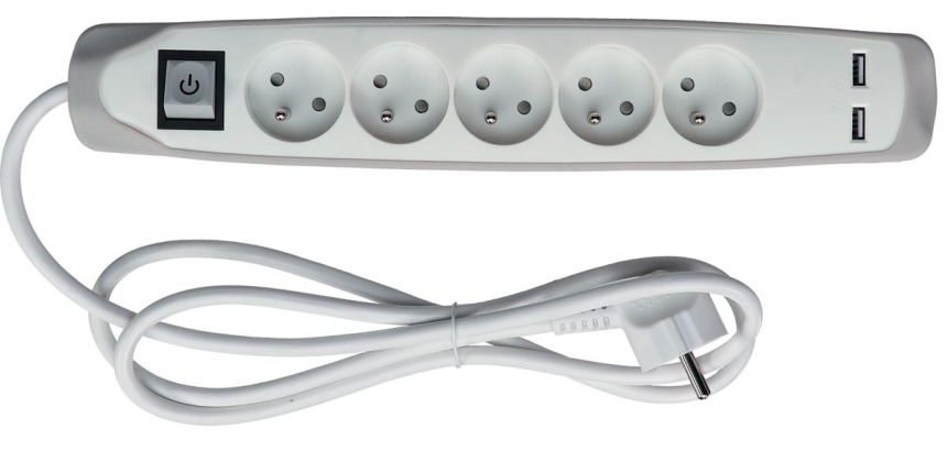 Perel power strip with 5 sockets, 2 USB ports and switch, 1.5 m, white/gray, for NL