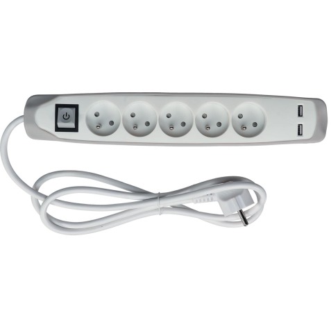 Perel douille avec 5 prises, 2 ports USB et interrupteur, 1,5 m, blanc/gris, pour NL