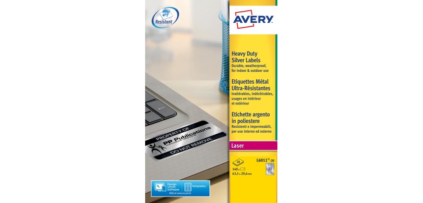 Avery L6011-20 étiquettes ultra résistantes ft 63,5 x 29,6 mm (b x h), 540 étiquettes, argent