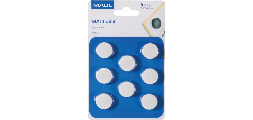 MAUL Magnet Solid, 20 mm, Zugkraft 300 g, Blister mit 8 Stück, Weiß
