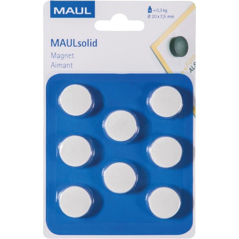 MAUL magneet Solid, 20 mm, trekkracht 300 gr, blister van 8 stuks, wit