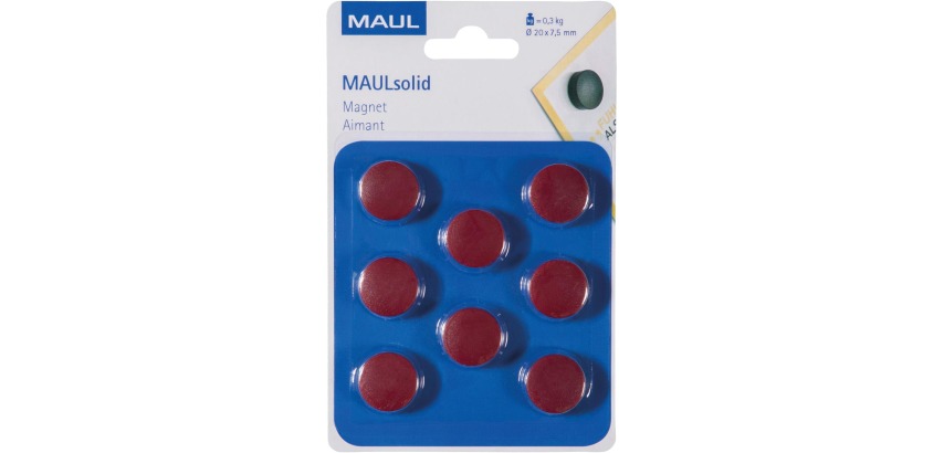 MAUL Magnet Solid, 20 mm, Zugkraft 300 g, Blister mit 8 Stück, Rot