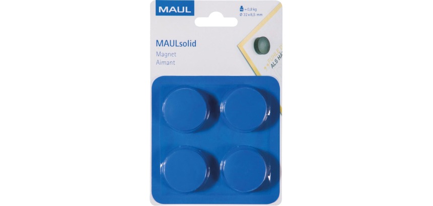 MAUL Magnet Solid, 32 mm, 800 g Zugkraft, Blister mit 4 Stück, Blau