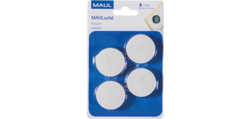 MAUL magneet Solid, 38 mm, trekkracht 1,5 kg, blister van 4 stuks, wit