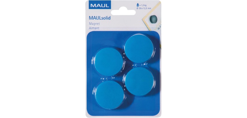 MAUL Magnet Solid, 38 mm, Zugkraft 1,5 kg, Blister mit 4 Stück, blau