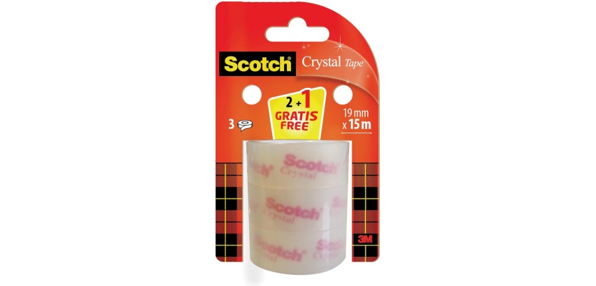 Scotch Crystal Clear Tape, Promotional Pack, 2 Rolls + 1 Free, 19 mm x 15 m