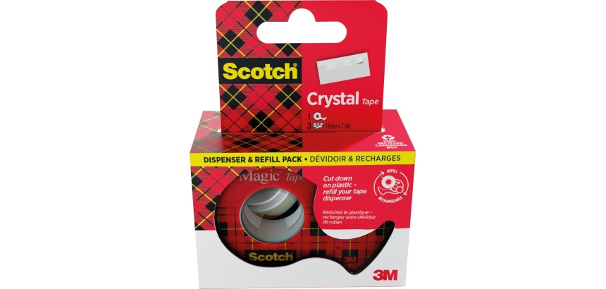Scotch Crystal Tape ruban adhésif ft 19 mm x 7,5 m, dérouleur + 3 rouleaux, boîte brochable