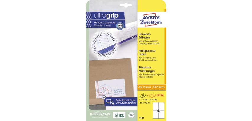 Avery Zweckform 6120, étiquettes universelles, Ultragrip, blanc, 25+5 feuilles,  105 x 148 mm