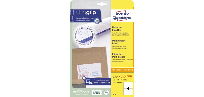 Avery Zweckform 6120, Universele etiketten, Ultragrip, wit, 25+5 vel,  4 per vel, 105 x 148 mm