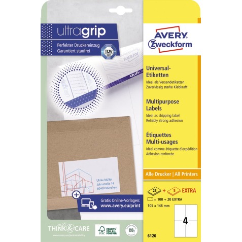 Avery Zweckform 6120, étiquettes universelles, Ultragrip, blanc, 25+5 feuilles,  105 x 148 mm