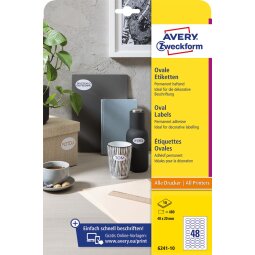 Avery Zweckform ovale etiketten, 40 x 20 mm, wit, permanent klevend, 480 etiketten, 10 vellen