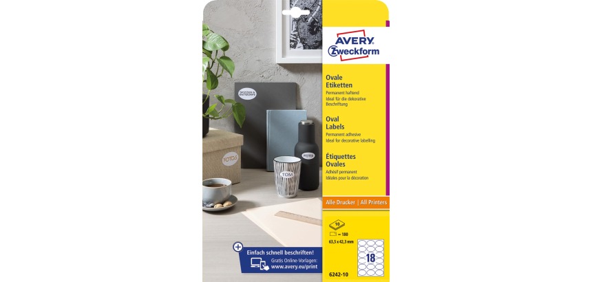 Avery Zweckform oval labels, 63.5 x 42.3 mm, white, permanent adhesive, 180 labels, 10 sheets