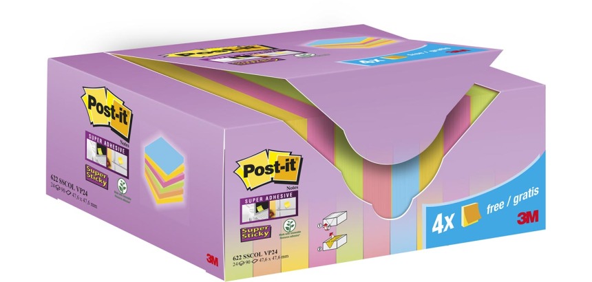 Post-it Super Sticky Notes Colour, 90 vel, ft 47,6 x 47,6 mm, 20 + 4 GRATIS