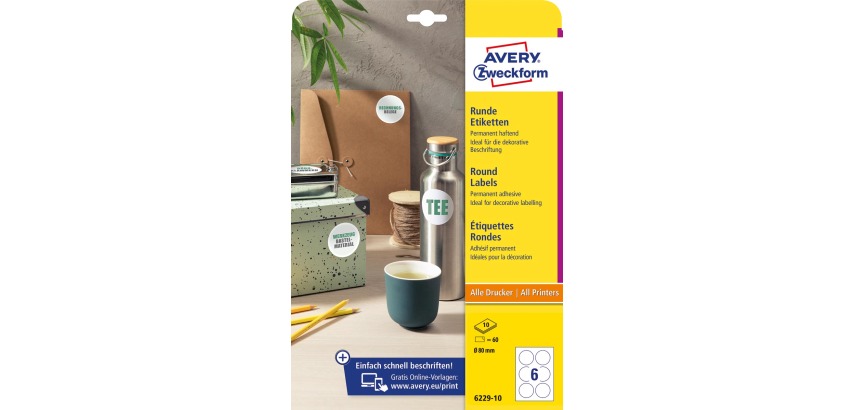 Avery Zweckform étiquettes rondes, diametre 80 mm, blanc, adhésif permanent, 60 étiquettes, 10 feuilles