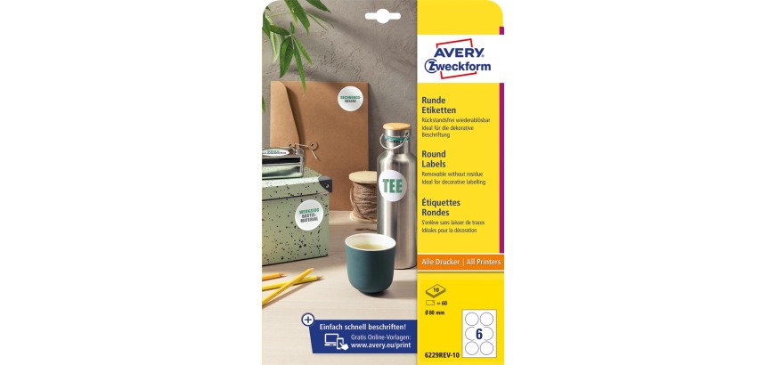 Avery Zweckform round labels, diameter 80 mm, white, removable, 60 labels, 10 sheets