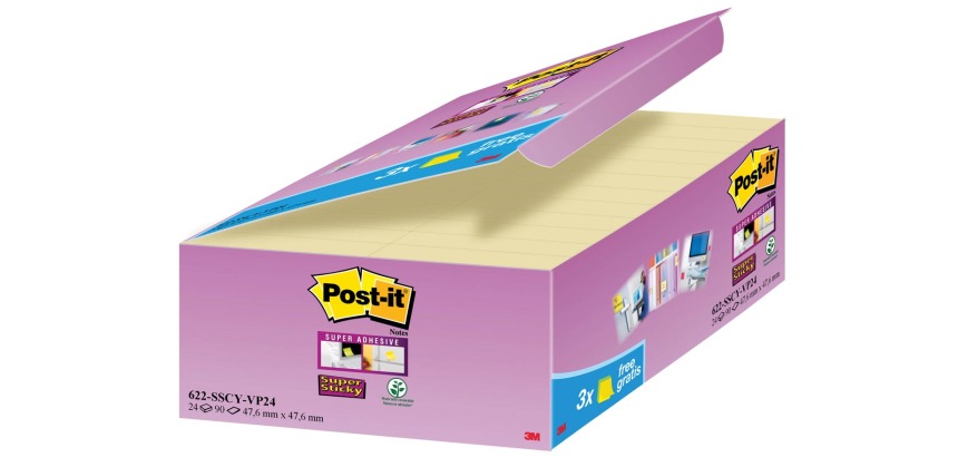 Post-it Super Sticky notes, 90 feuilles, ft 47,6 x 47,6 mm, jaune, paquet de 21 + 3 GRATUIT