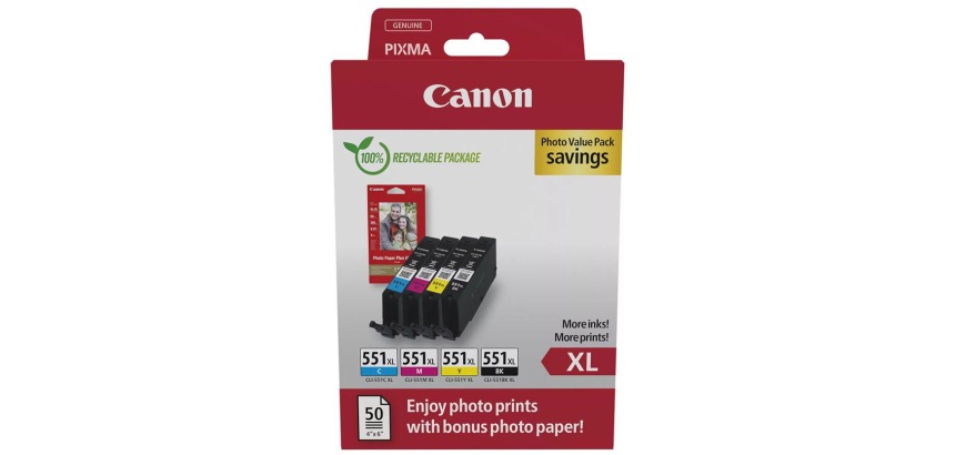 Canon photo value pack CLI-551XL, 660 pages, OEM 6443B008, 4 couleurs