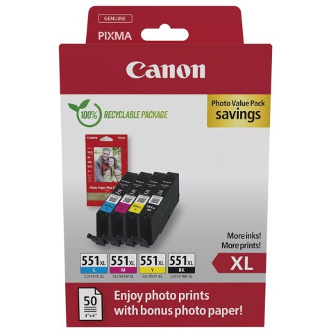 Canon photo value pack CLI-551XL, 660 pages, OEM 6443B008, 4 couleurs