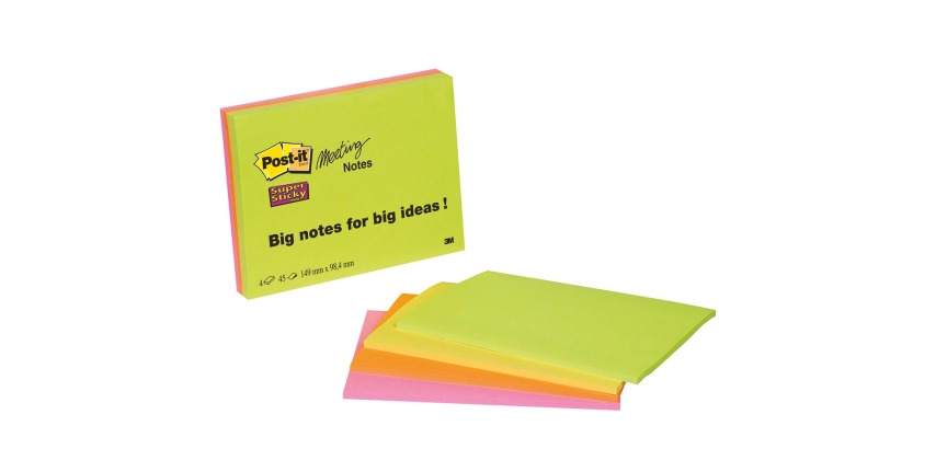 Post-It Super Sticky Meeting notes, 45 feuilles, ft 101 x 152 mm, couleurs assorties, paquet de 4 blocs