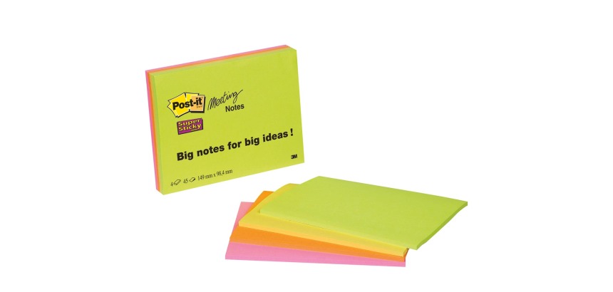 Post-It Super Sticky Meeting notes, 45 vel, ft 101 x 152 mm, geassorteerde kleuren, pak van 4 blokken