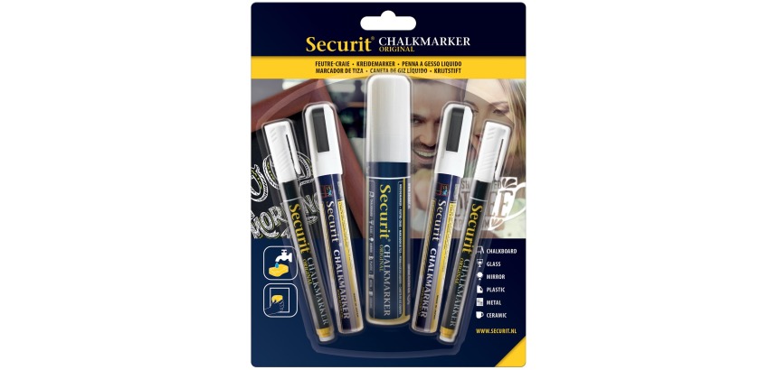 Securit chalk marker, white, set of 5 pieces in assorted thicknesses