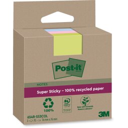 En_bloc de notas adhesivas quita y pon post-it super sticky 76x76 mm 70 hojas recicladas paquete de 3 unidades colores