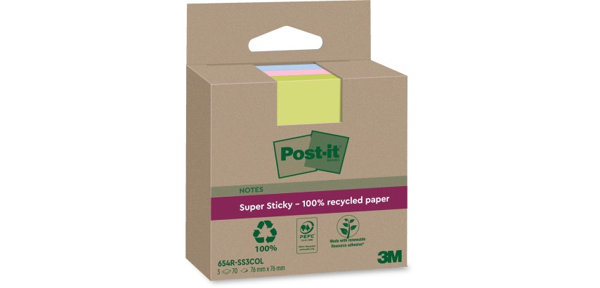 Post-it Super Sticky Notes Recycled, 70 feuilles, ft 76 x 76 mm, assorti, paquet de 3 blocs