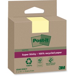 Post-it Super Sticky Notes Recycled, 70 feuilles, ft 76 x 76 mm, jaune, paquet de 3 blocs