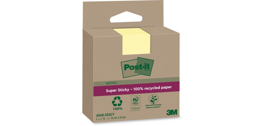 Post-it Super Sticky Notes Recycled, 70 feuilles, ft 76 x 76 mm, jaune, paquet de 3 blocs
