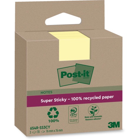 Post-it Super Sticky Notes Recycled, 70 vel, ft 76 x 76 mm, geel, pak van 3 blokken