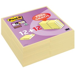 Post-it super Sticky notes, 90 feuilles, ft 76 x 76 mm, jaune, paquet de 12 + 12 gratuits