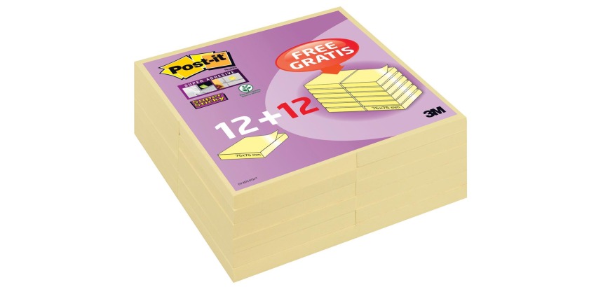 Post-it Super Sticky Notes, 90 Blatt, 76 x 76 mm, Gelb, Packung mit 12 + 12 gratis