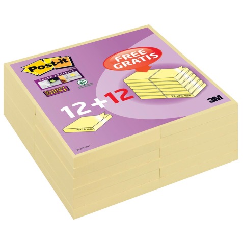 Post-it super Sticky notes, 90 feuilles, ft 76 x 76 mm, jaune, paquet de 12 + 12 gratuits